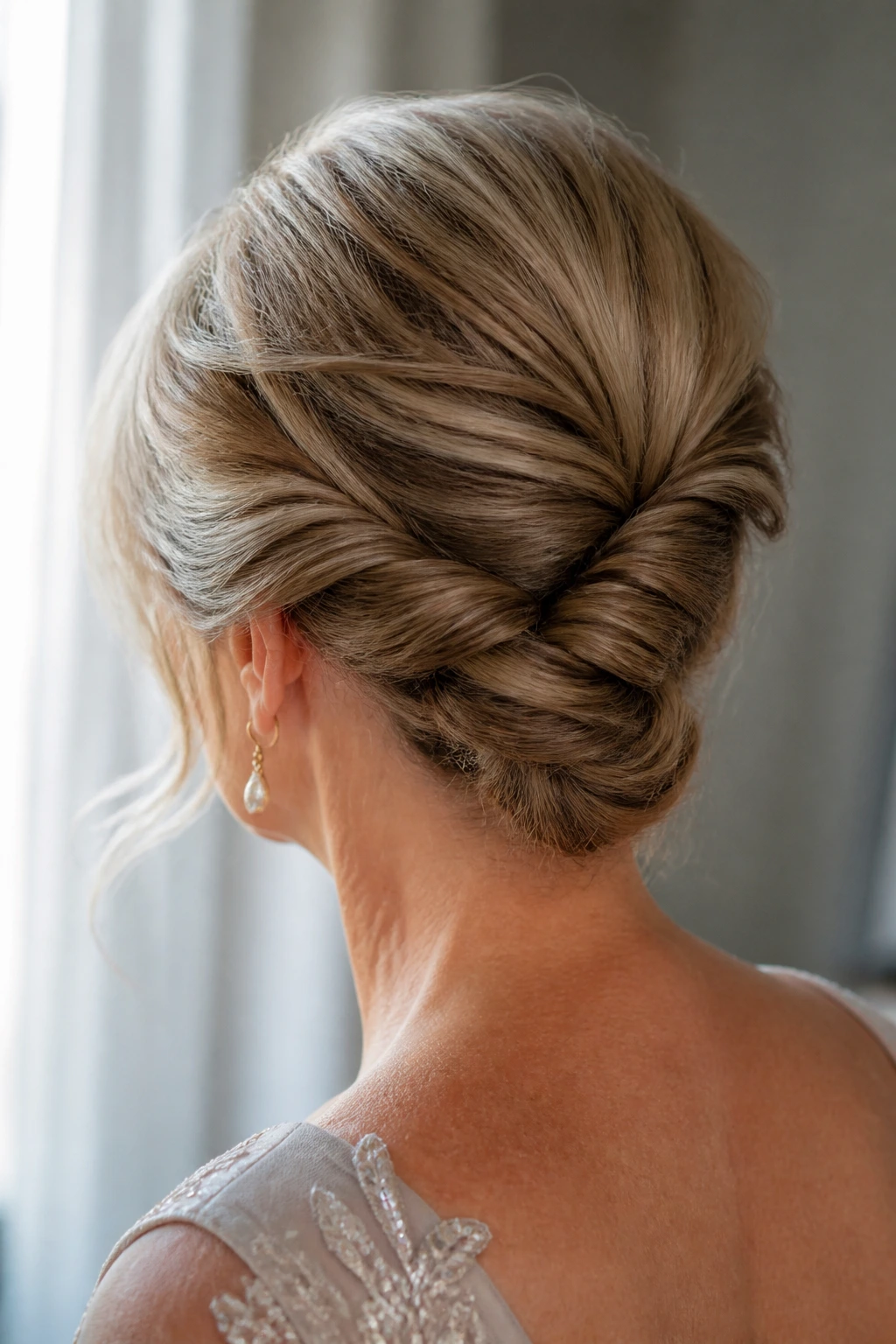 Back-of-head view of twisted nape knot hairstyle on real woman