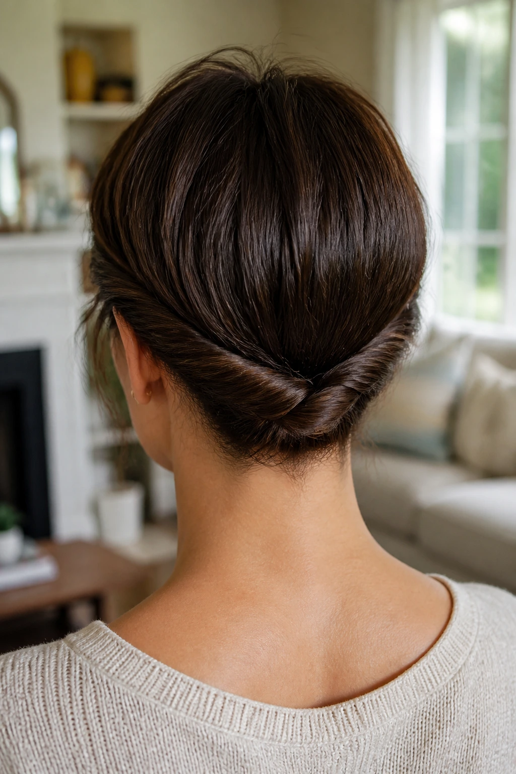 Back view of a real person showcasing twisted nape pins on a short hairstyle