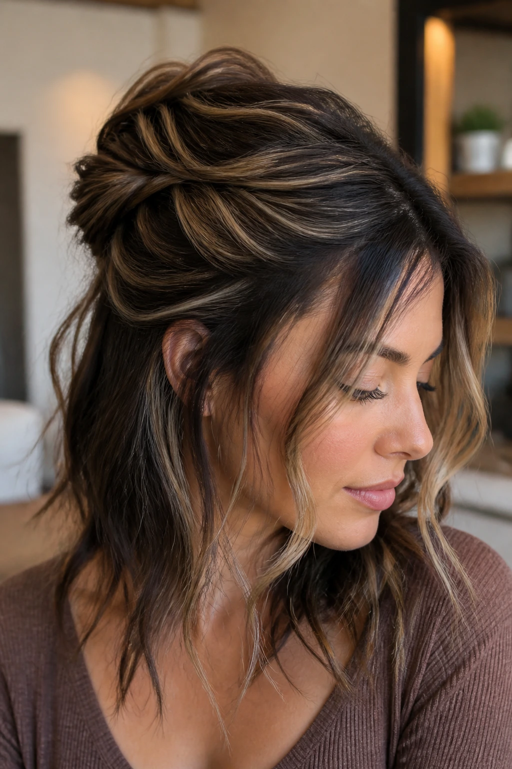 Close-up of a real woman with twisted partial balayage on the top layer