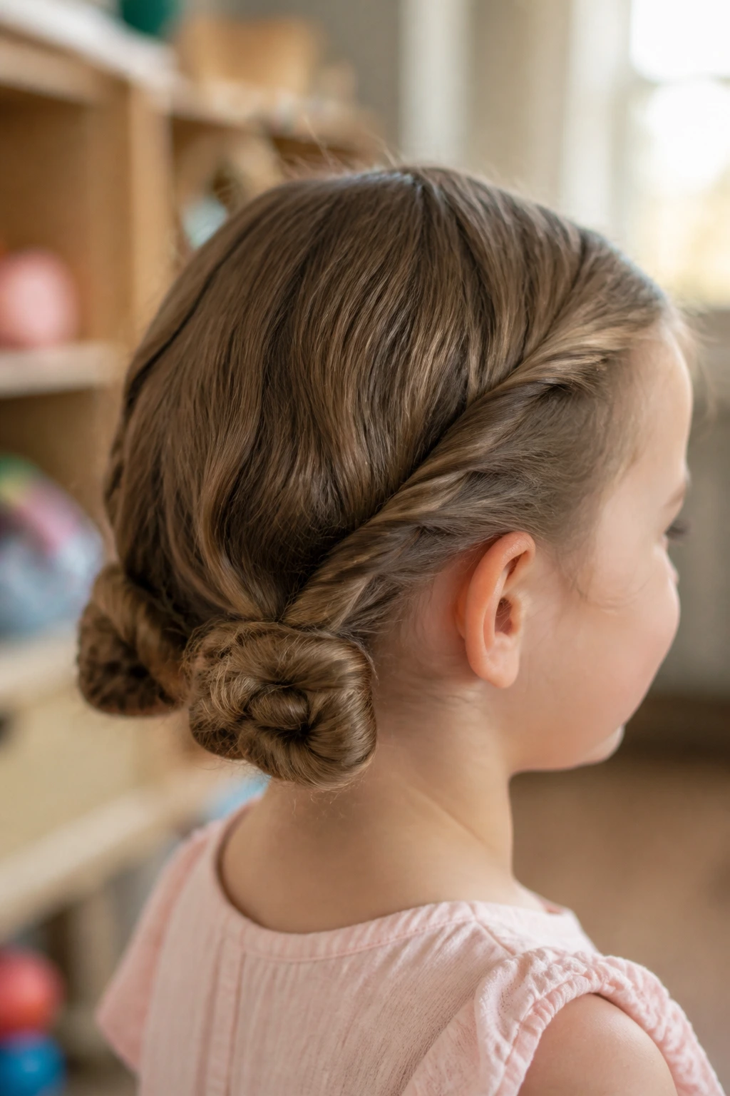 Close-up of a real child with twisted pigtail knots hairstyle in a cozy playroom.