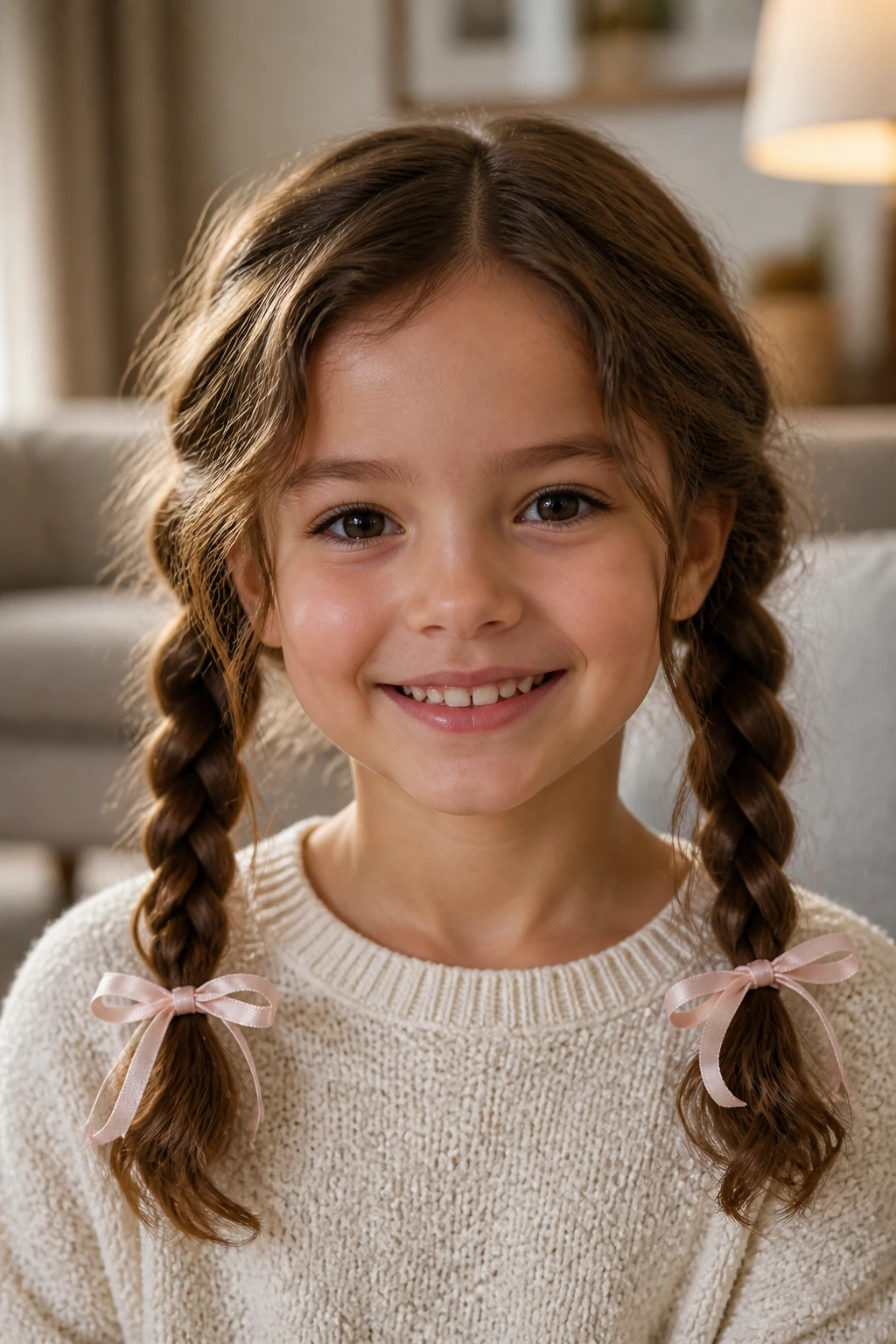 Close-up of a real child with twisted pigtails and ribbons