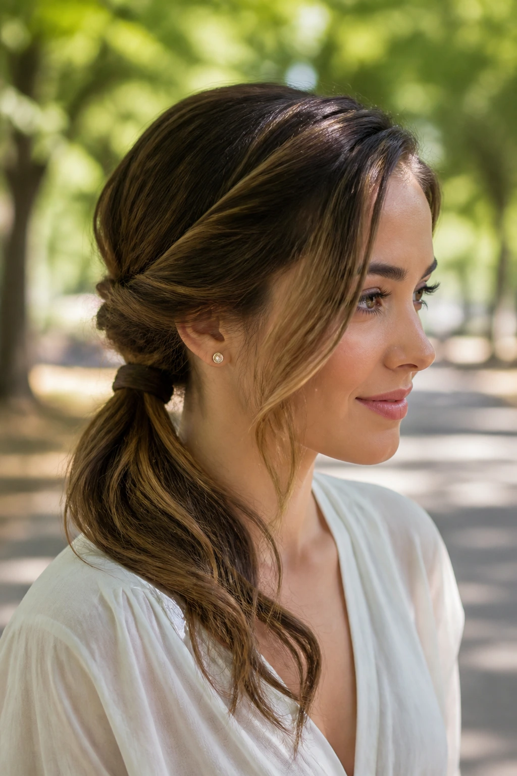 Close-up of a woman with a twisted side ponytail and soft sweep