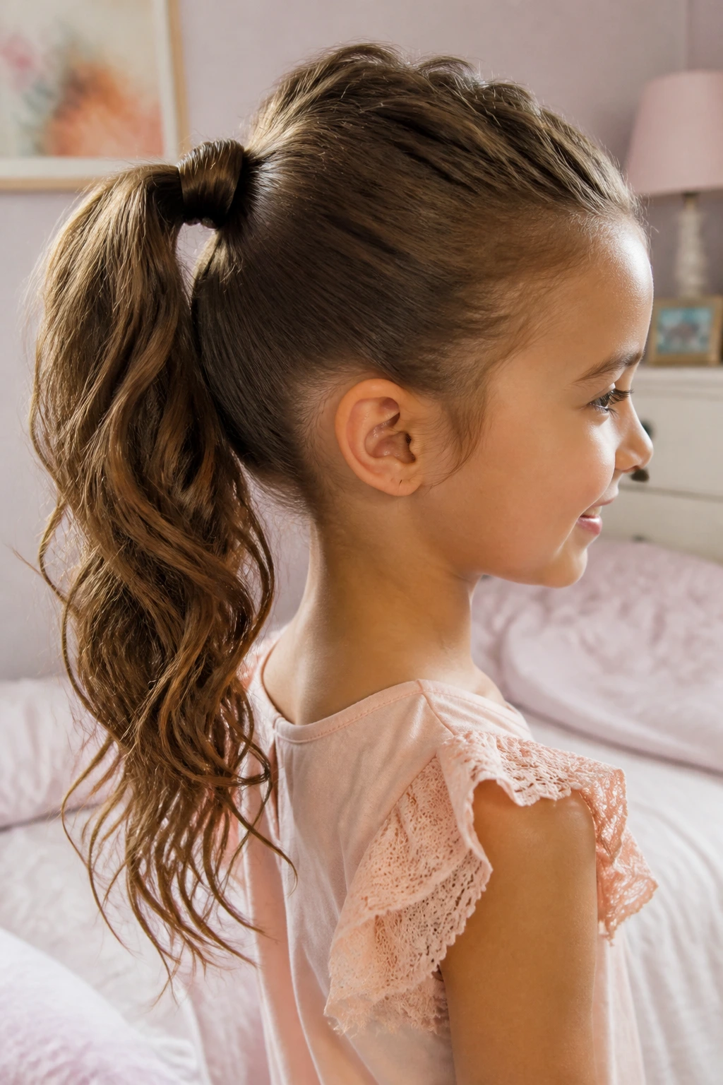 Close-up of a real young girl with a twisted ponytail wrap hairstyle in a cozy bedroom.