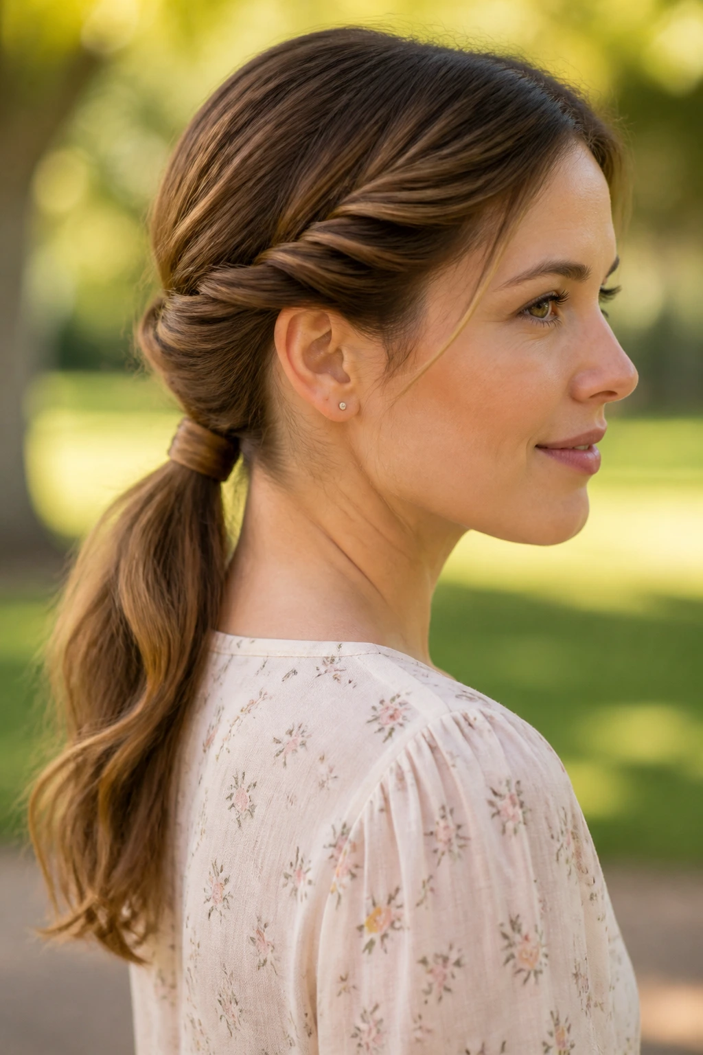 Portrait of a woman with a twisted ponytail and wrapped base
