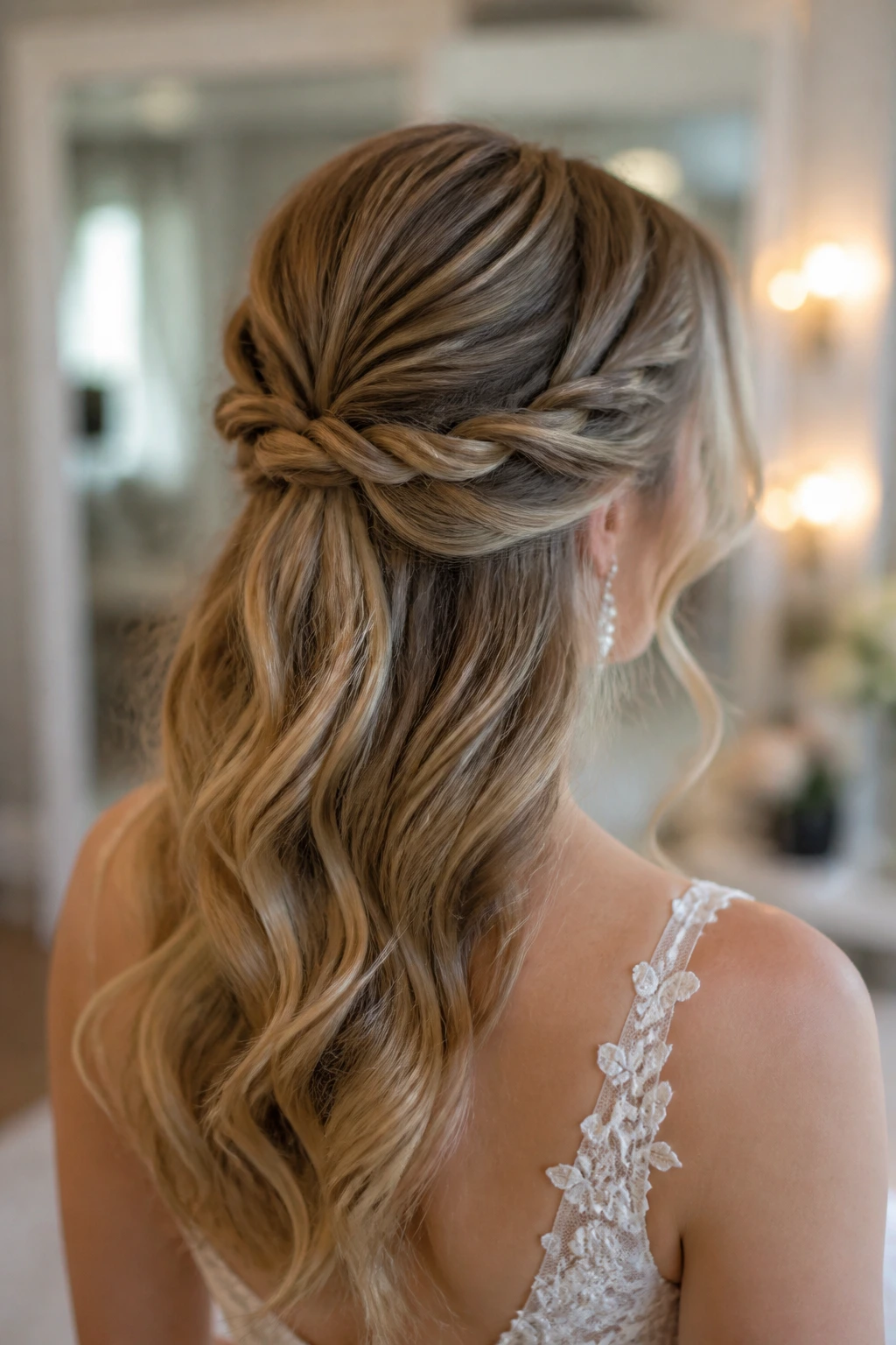 Bride with twisted rope braids forming a half-up style over loose waves