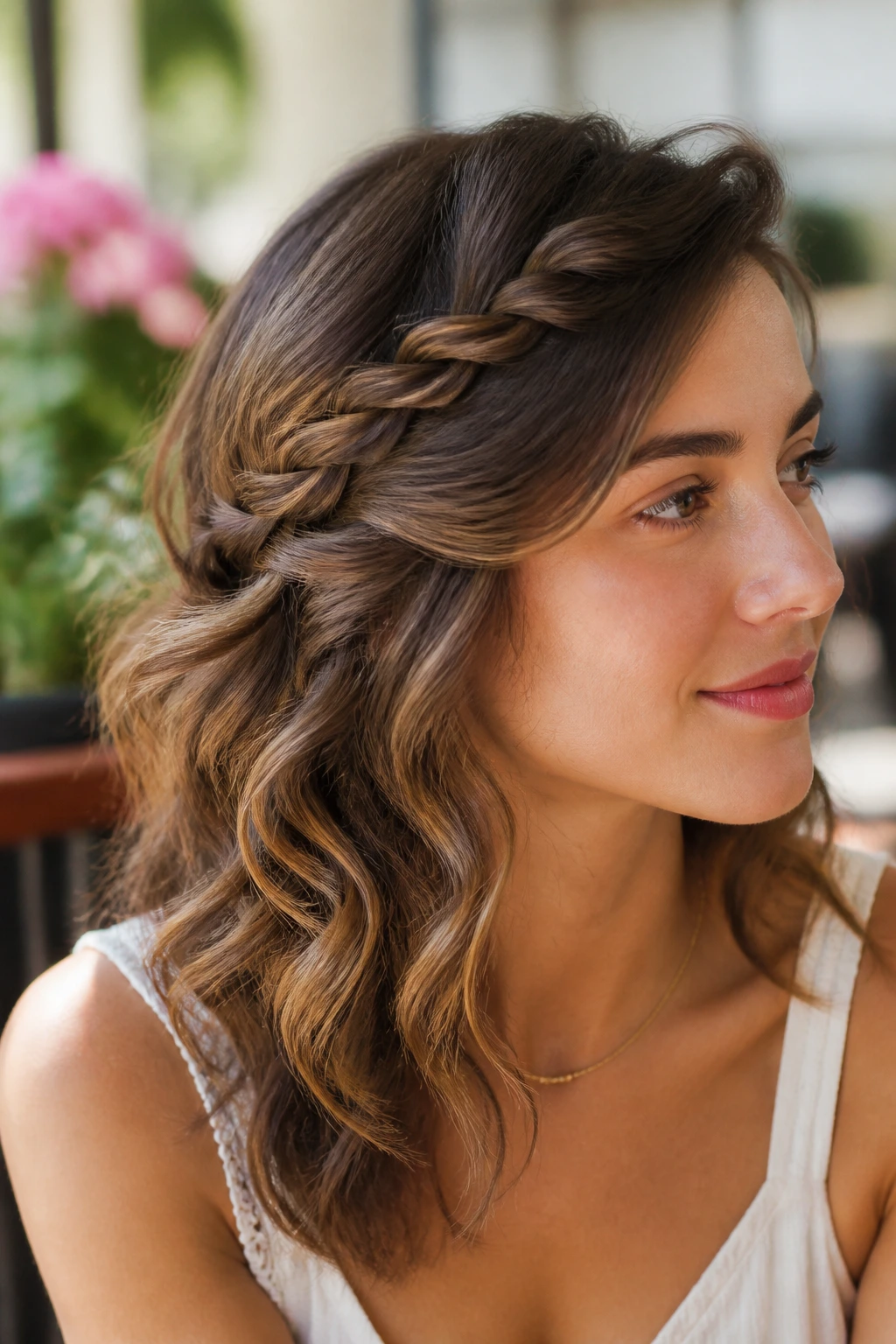 Real woman with a twisted side braid and soft waves on a sunny day