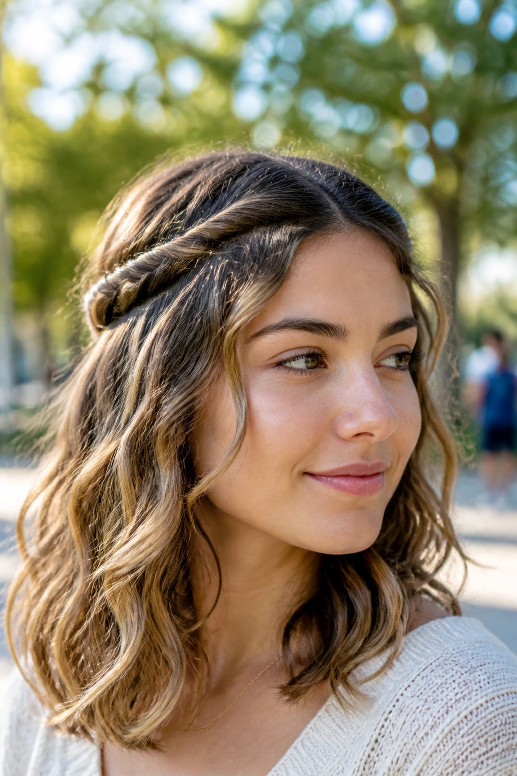 Real woman with two rope twists at temples and open wavy hair