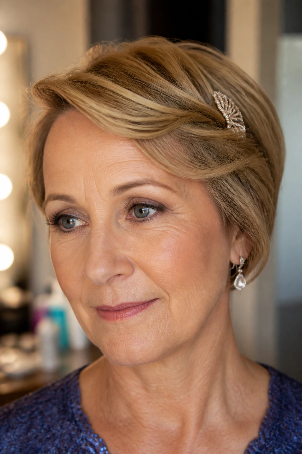 Close-up of a real woman with a twisted side sweep secured by a decorative comb