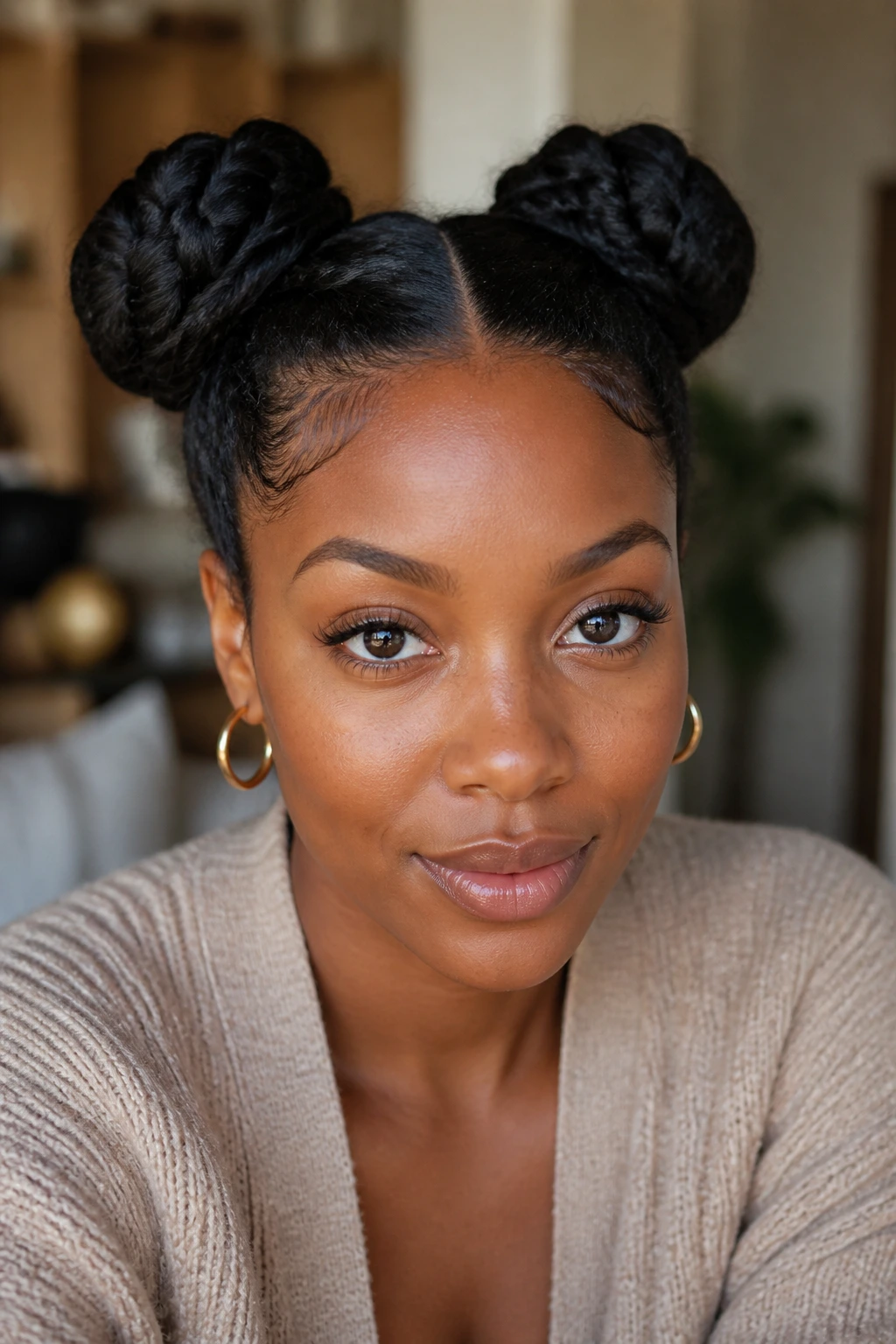 Close-up of a real woman with two twisted space buns on the crown
