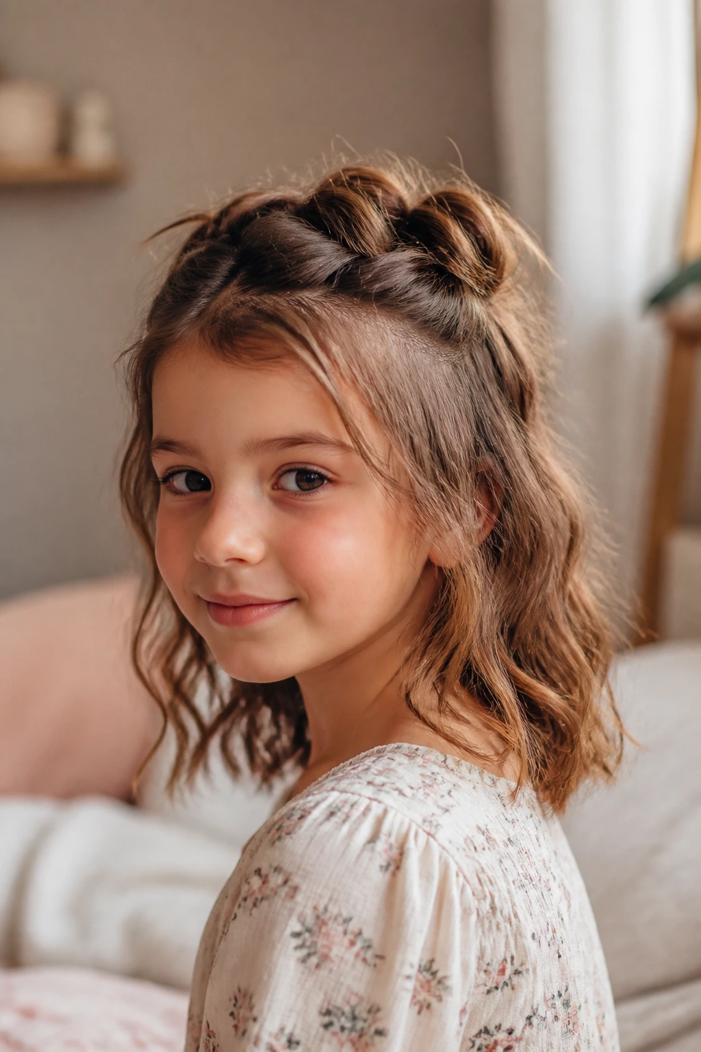 Close-up of a real child with shoulder-length wavy hair in a soft twisted updo