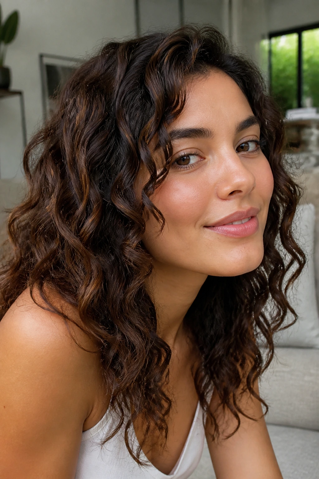 Close-up of a real person with loose twisted waves in a living room