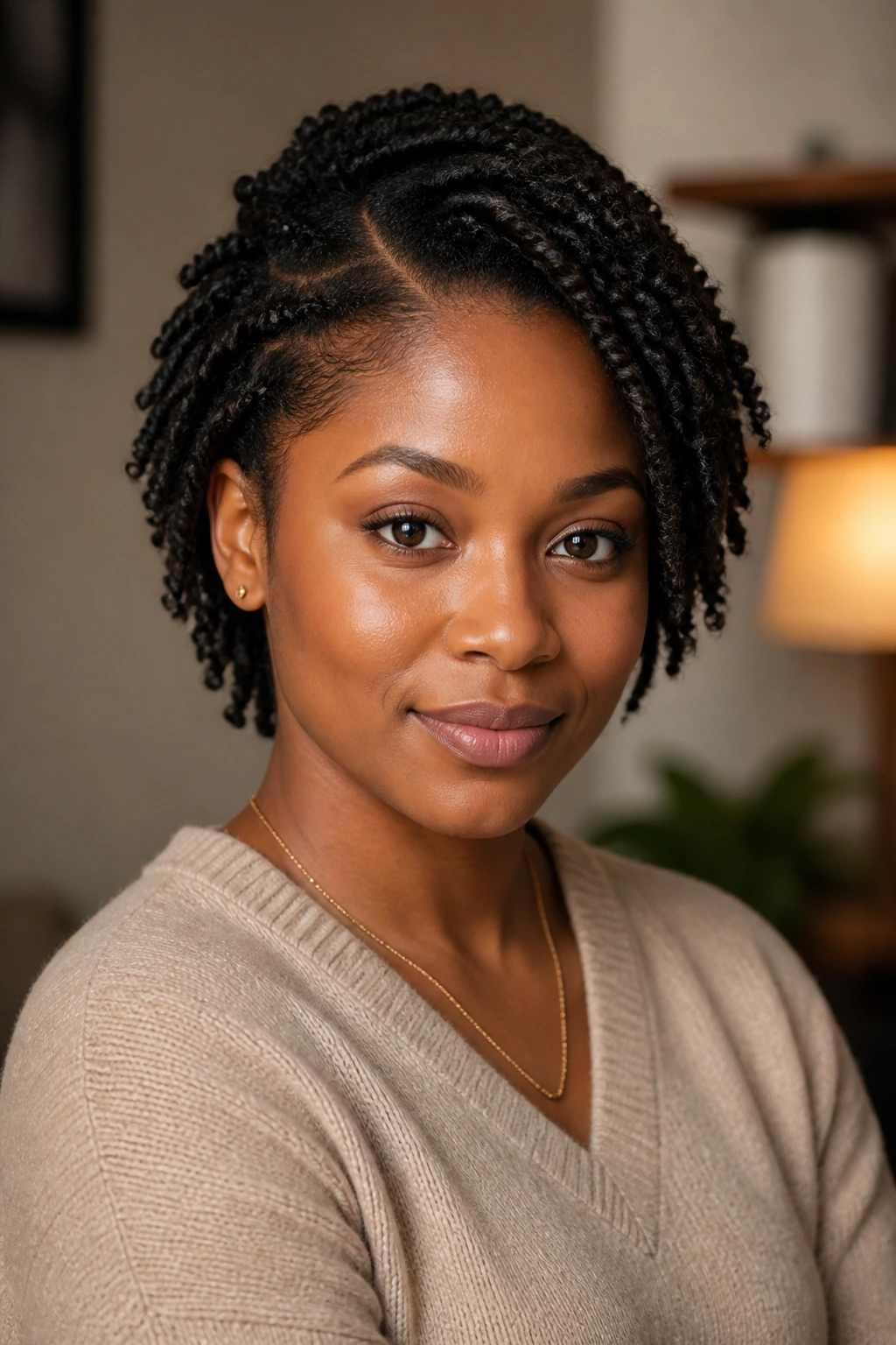 Portrait of a woman with balanced twists on an oval face