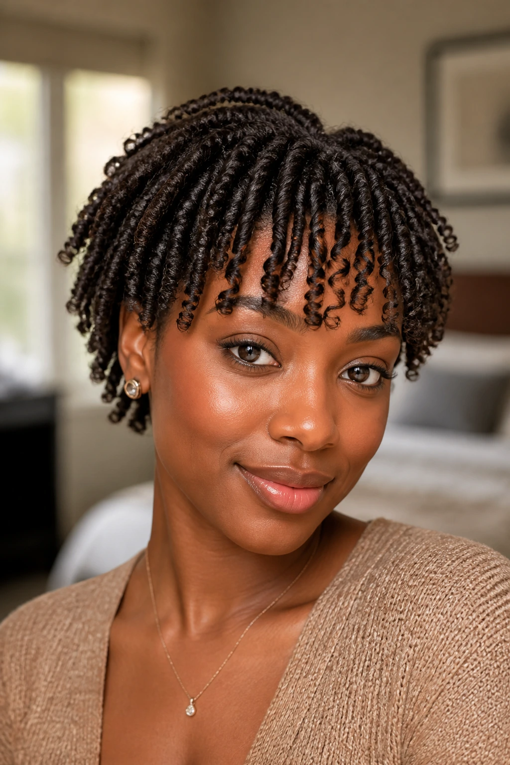 Close-up portrait of a woman with a coiled fringe among short twists