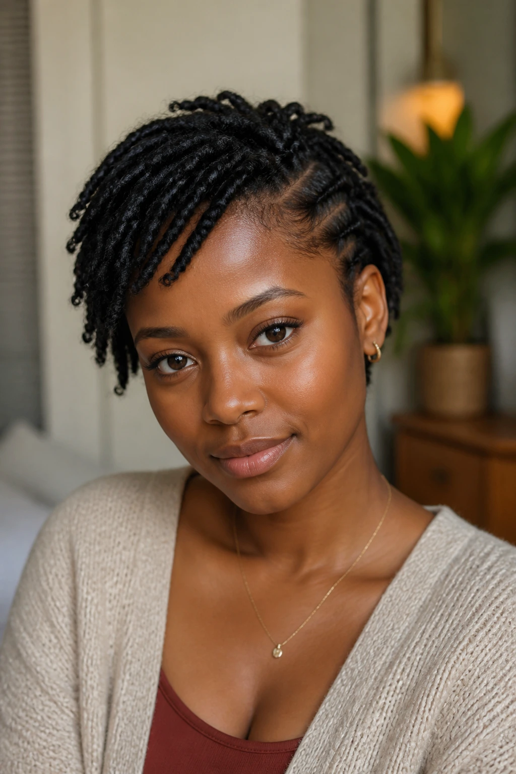 Portrait of a person with balanced twists on an oval face