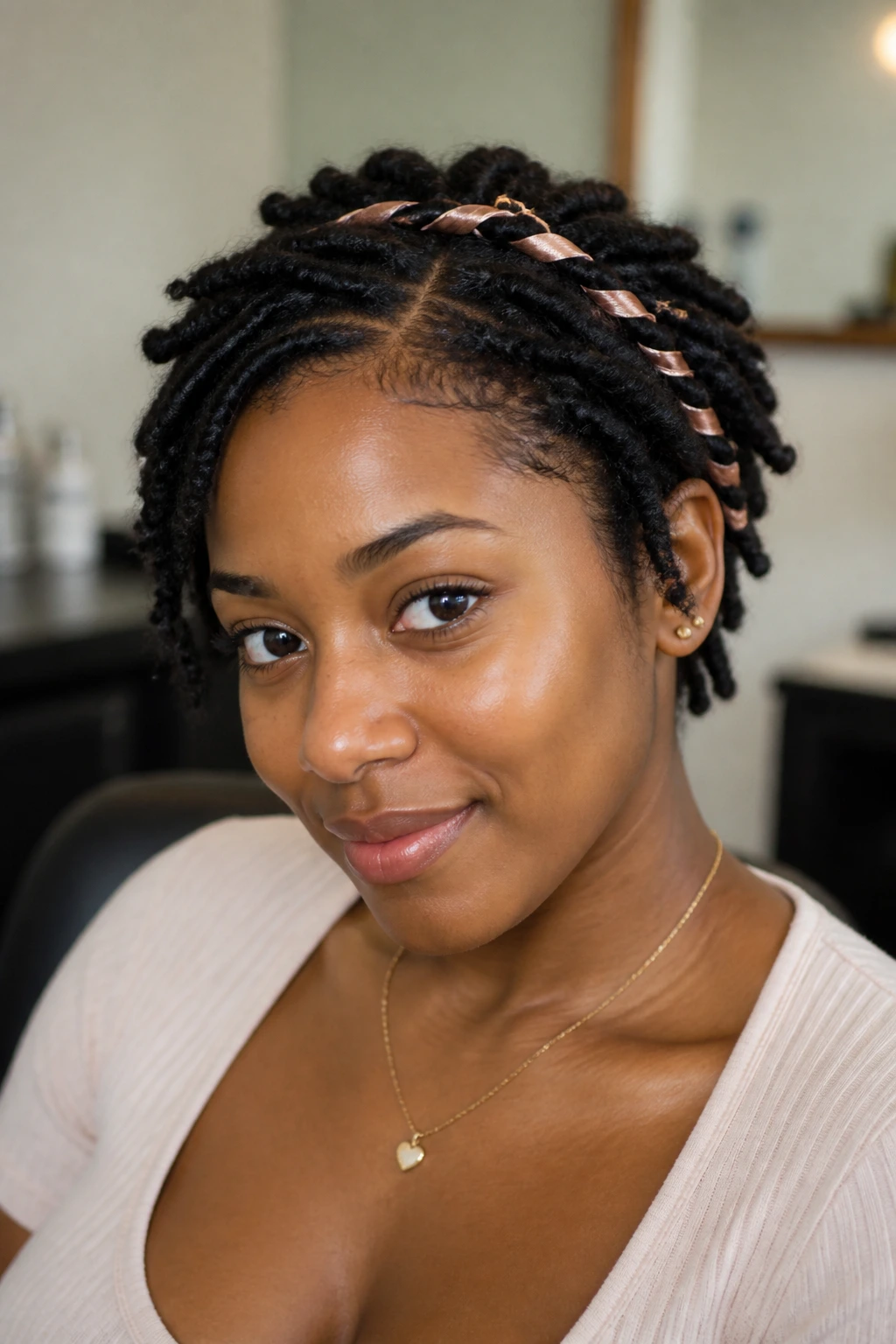 Close-up portrait of a woman with ribbon-wrapped short twists