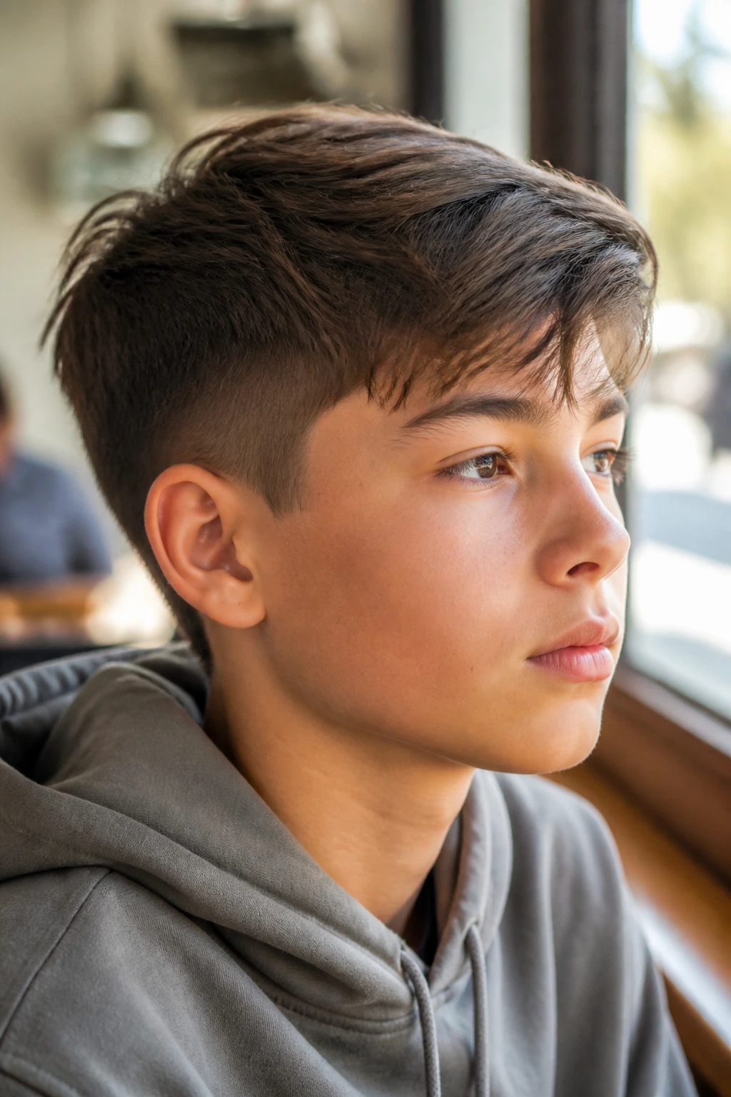 Close-up of a real boy showing a two-block cut with longer top and shorter sides.