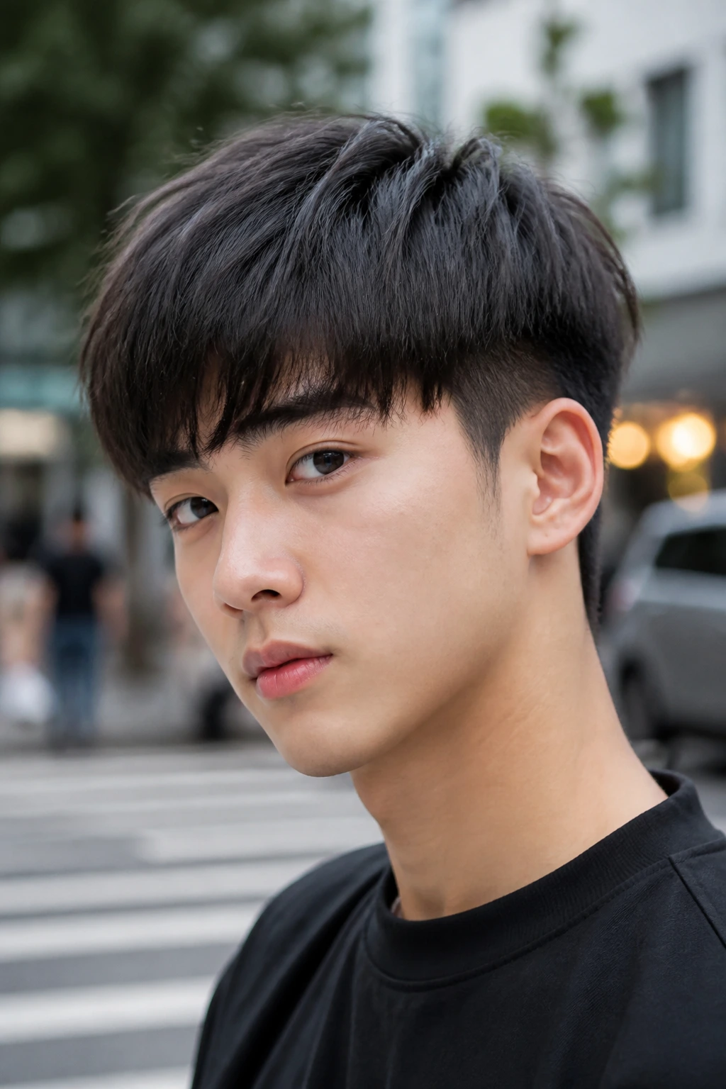 Boy with two-block cut, long top and short sides, portrait on city street