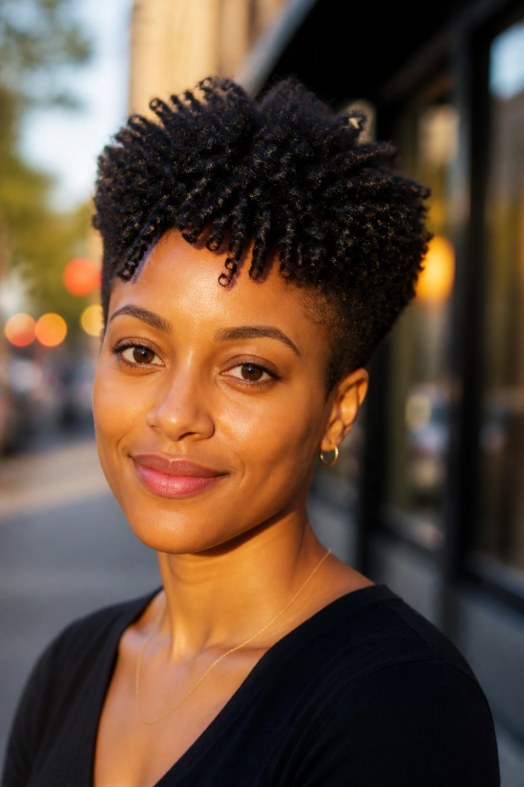 Close-up of a real Black woman with defined twist-out two-block hairstyle