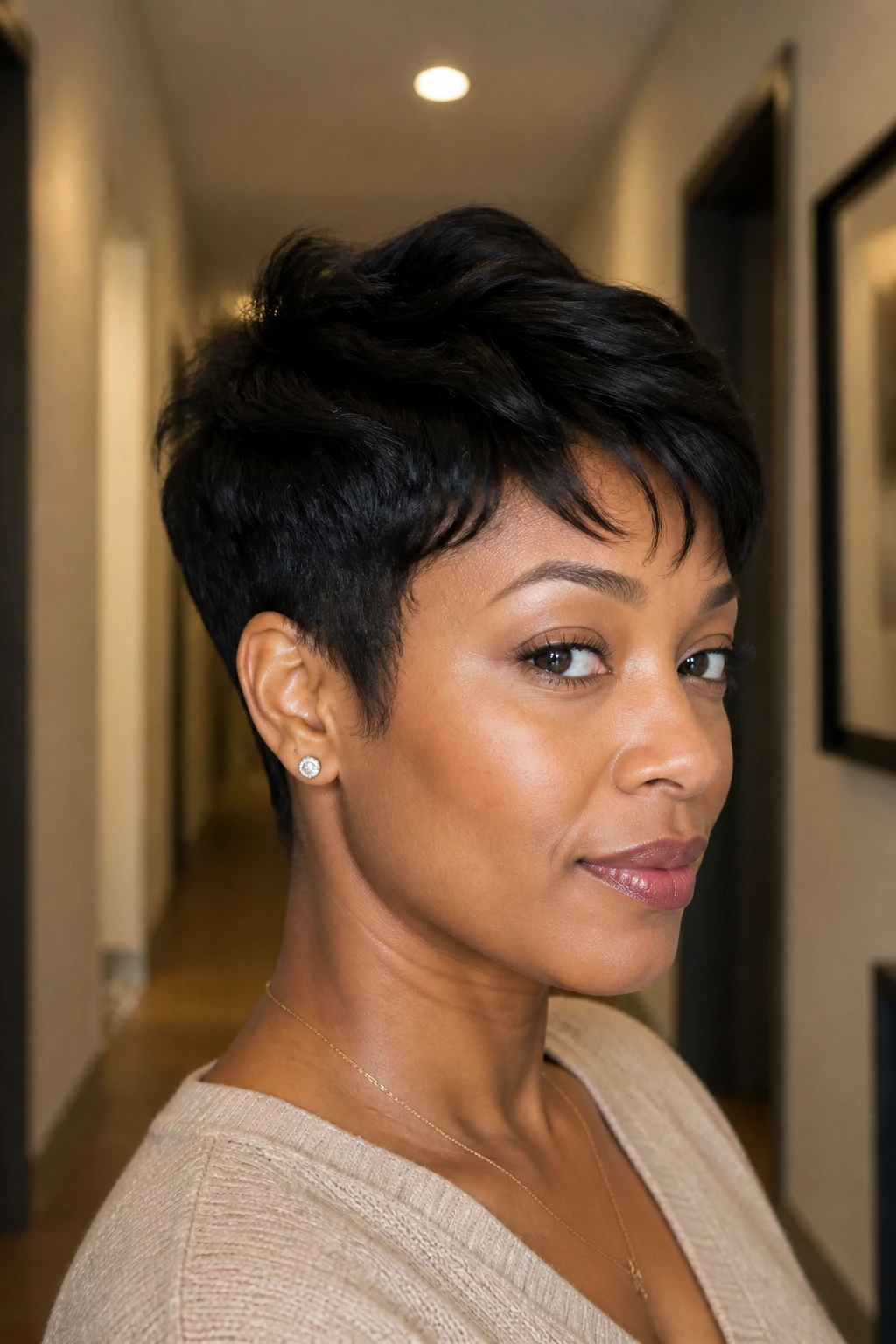 Close-up of a real Black woman with feathered two-block pixie hairstyle