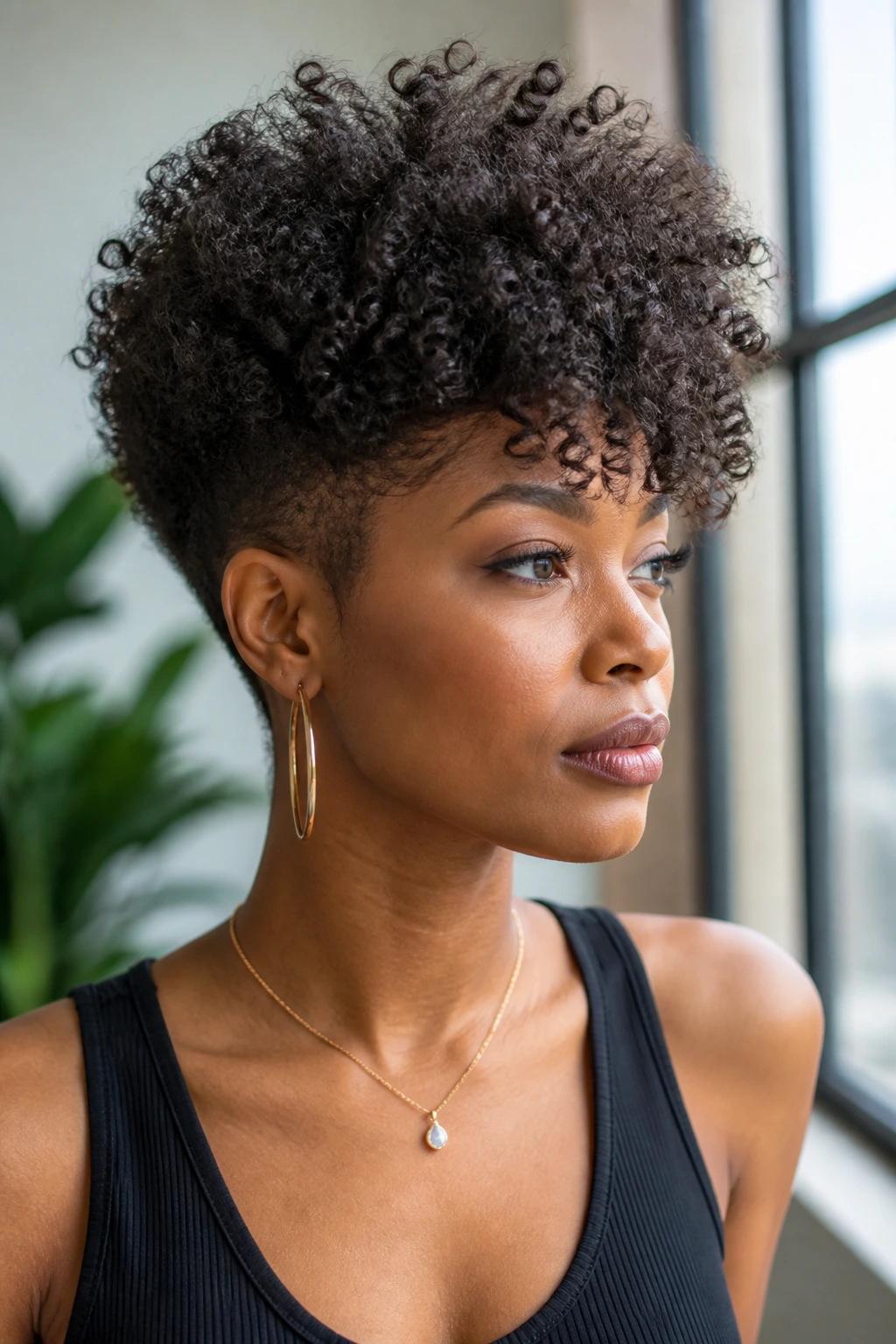 Medium close-up of a Black woman with a high-volume picked-out two-block crown