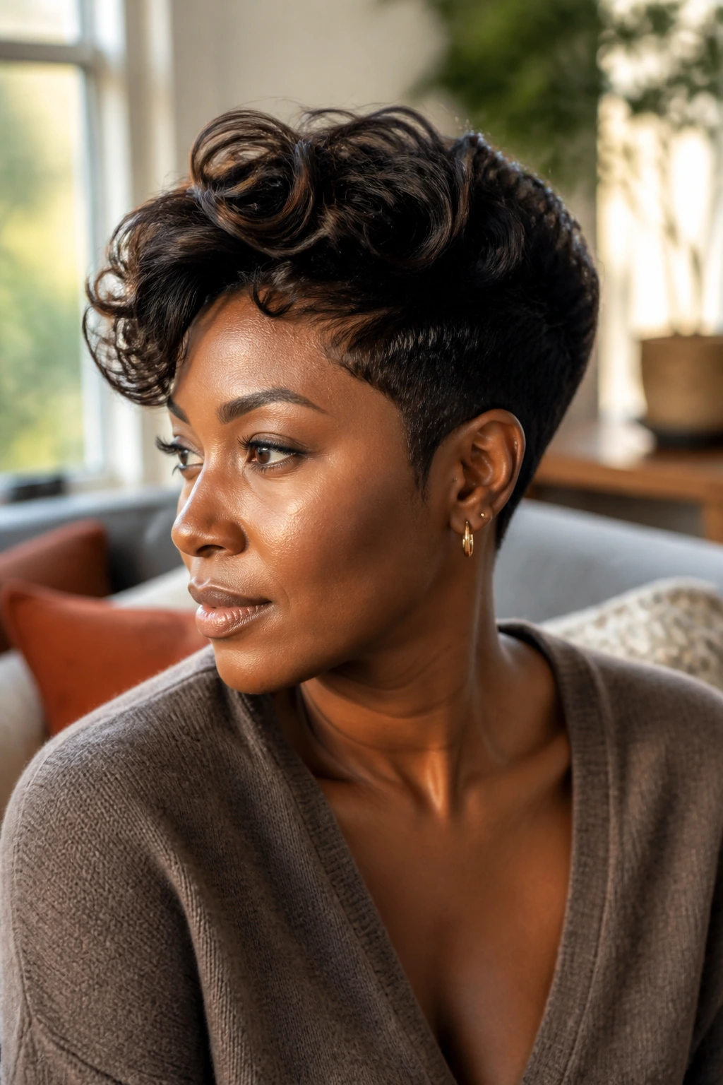 Close-up of a real Black woman with a two-block haircut featuring a clean crown and tapered sides.