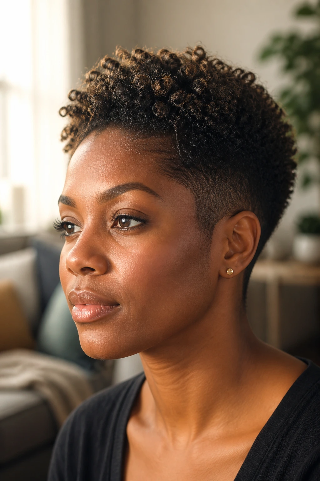 Close-up portrait of a real Black woman with a two-block haircut showing crown lift and tapered sides