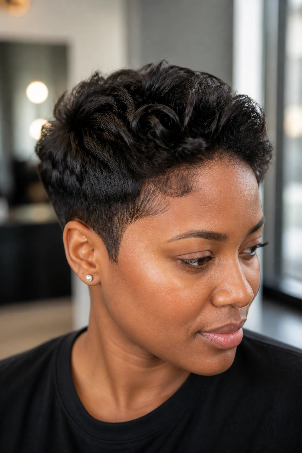 Portrait of a woman with a two-block haircut demonstrating a hairline-friendly style in a salon