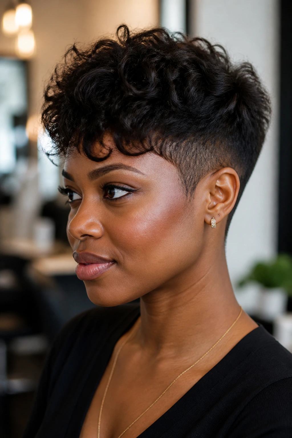 Real woman with two-block cut showing top length and tapered sides in salon setting