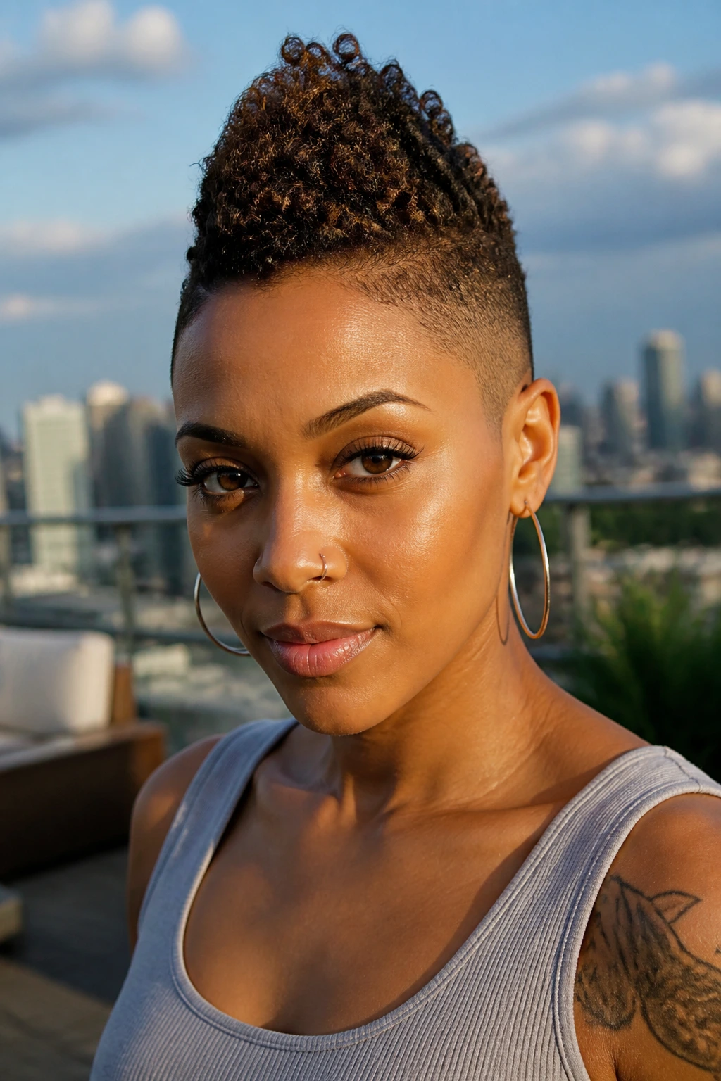 Close-up of a real Black woman with a mini frohawk two-block hairstyle and vertical crown ridge
