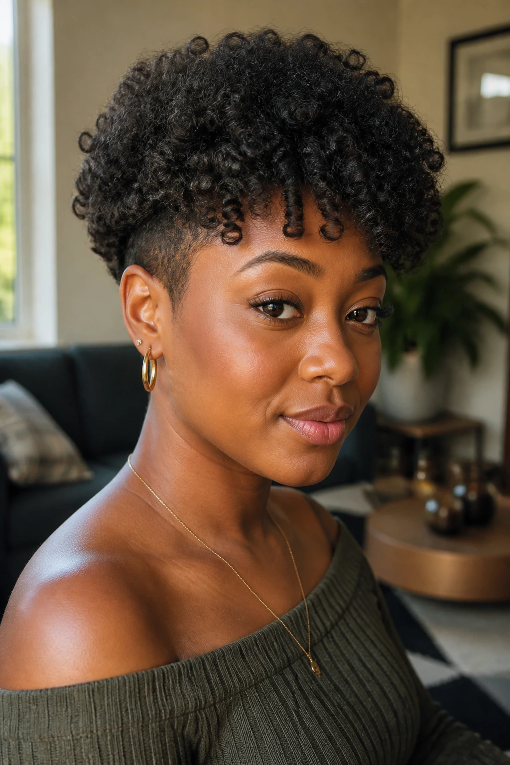 Close-up of a real Black woman with rounded crown two-block hairstyle and defined coils in warm natural light