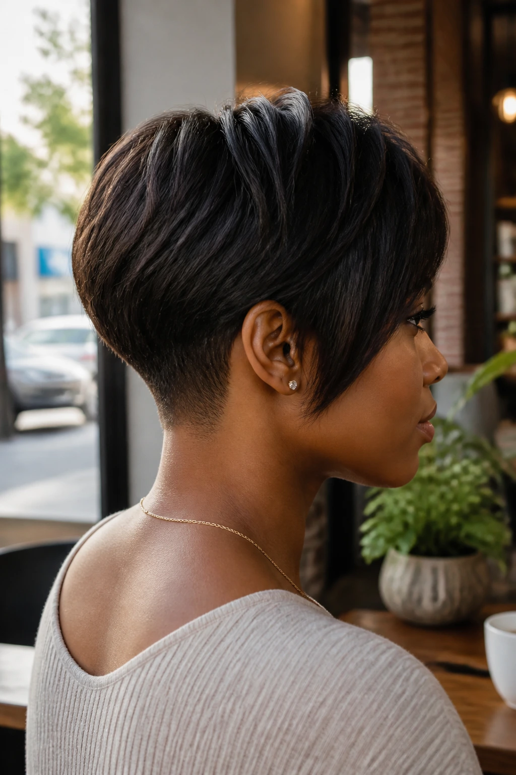 Three-quarter profile of a real Black woman with tapered nape two-block bob