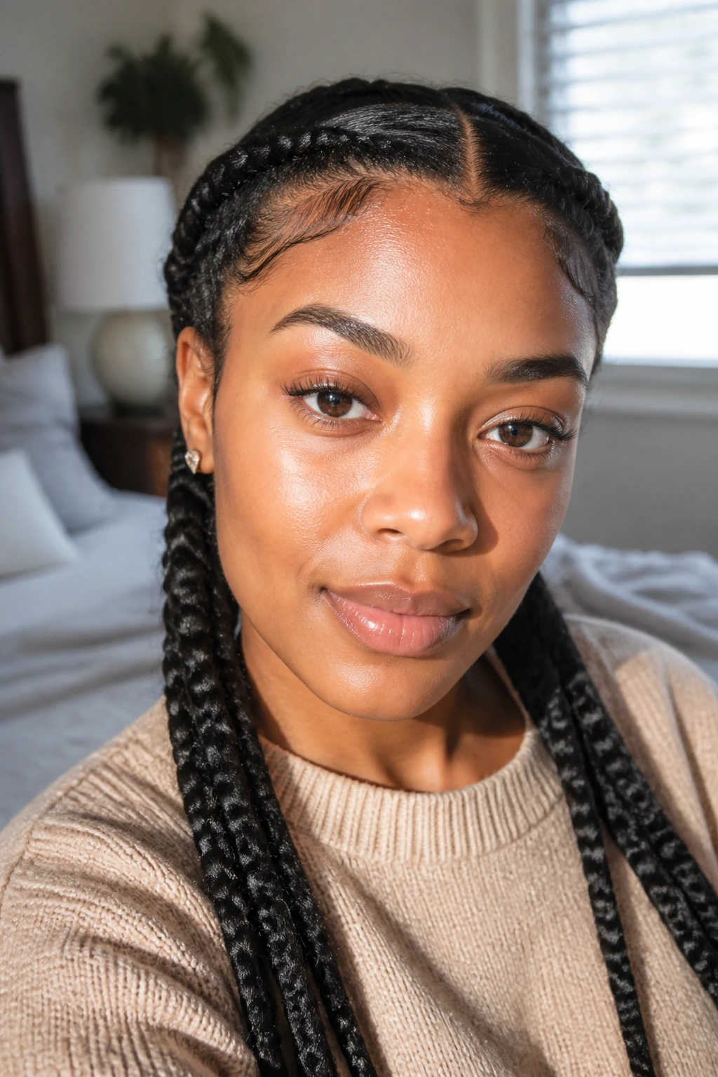 Close-up of a person with two braids framing the face in a cozy bedroom