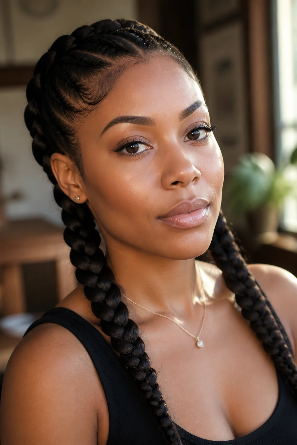 Portrait of a woman with two diagonally swept braids framing a square face.