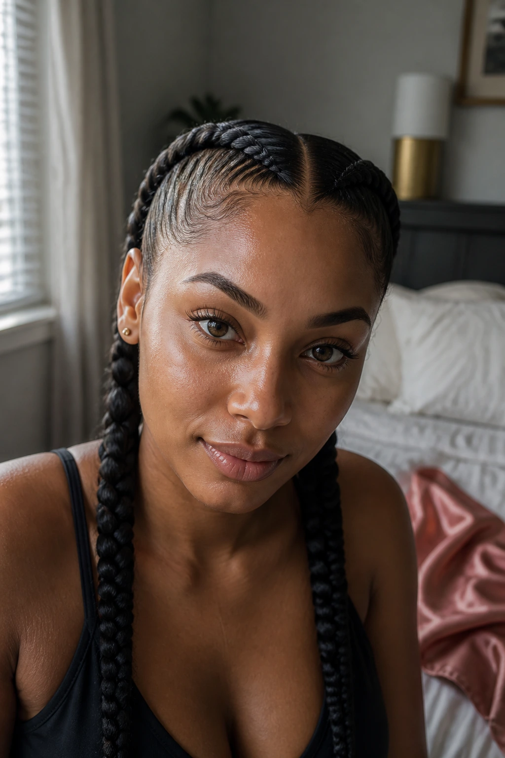 Close-up of a real woman with two braids in a cozy bedroom setting