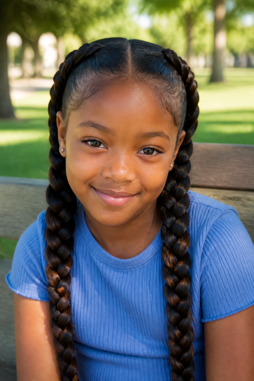 Close-up of a real girl with two long braids and woven extensions