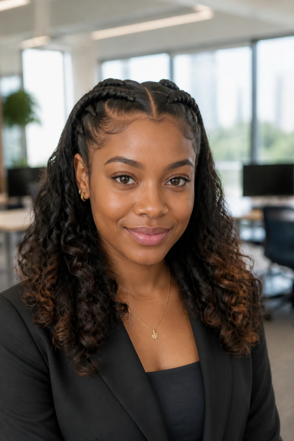 Real woman with two thick cornrows and soft curled ends in a modern office background
