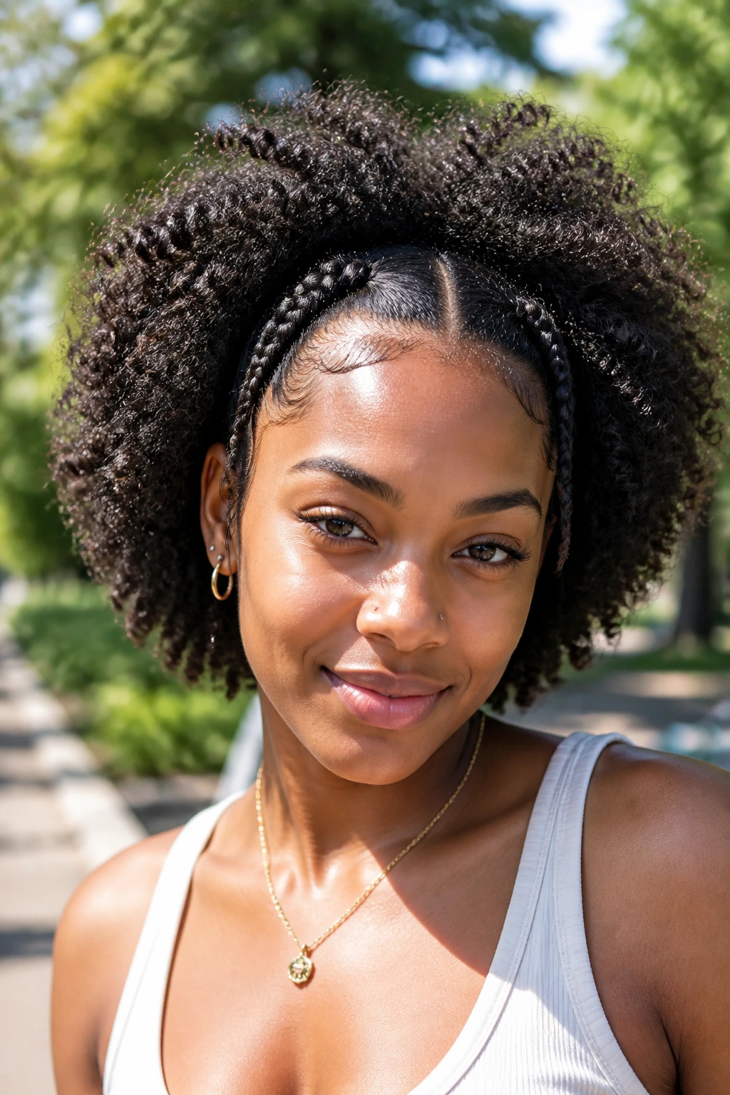 Portrait of a real woman with two front braids and a curly fro.