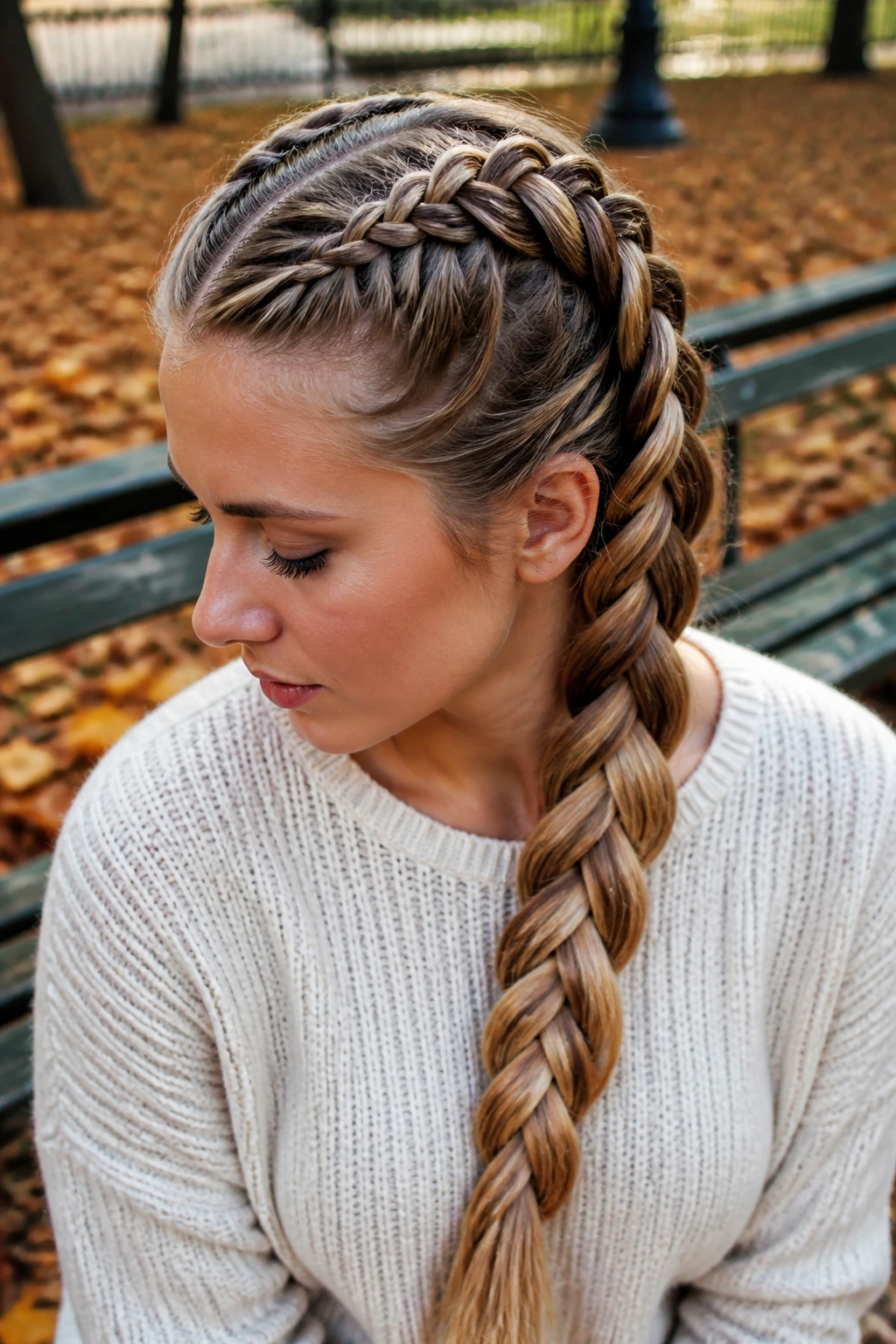Close-up of two Dutch braids merging into one on a real person