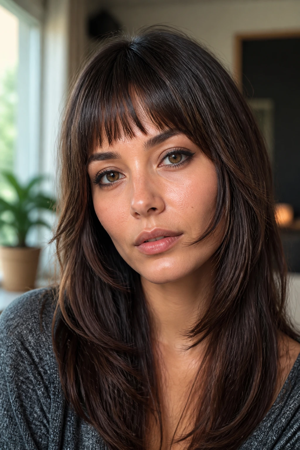 Close-up of a real woman with two-level choppy bangs brow-length and cheekbone-length layers