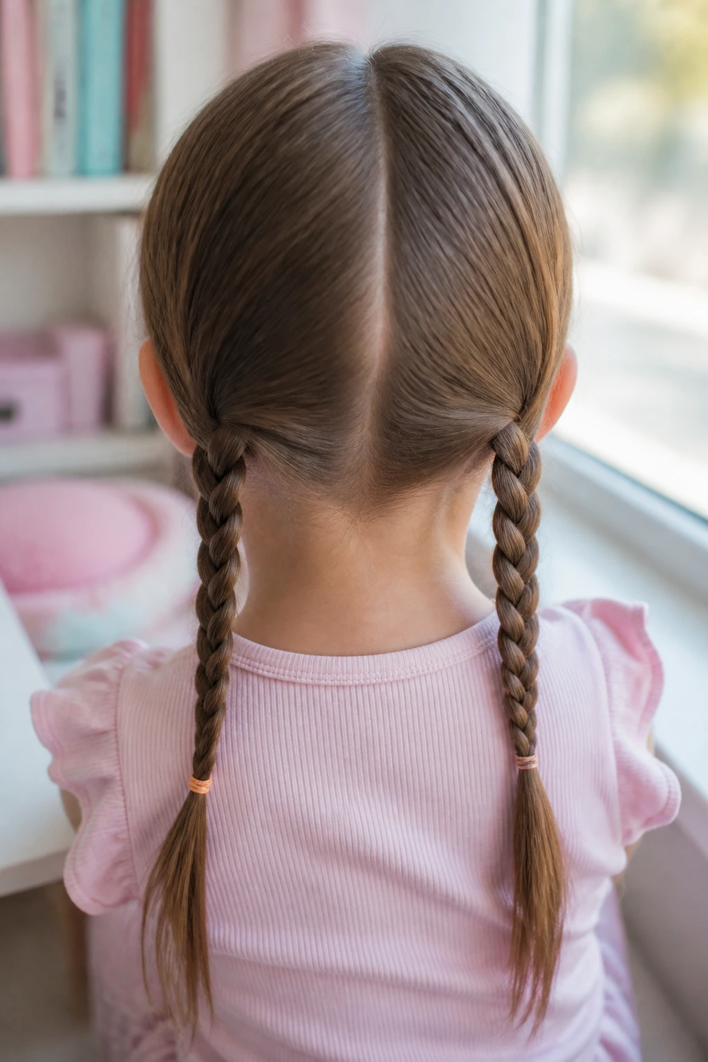 Back view of a child with two neat low pigtails