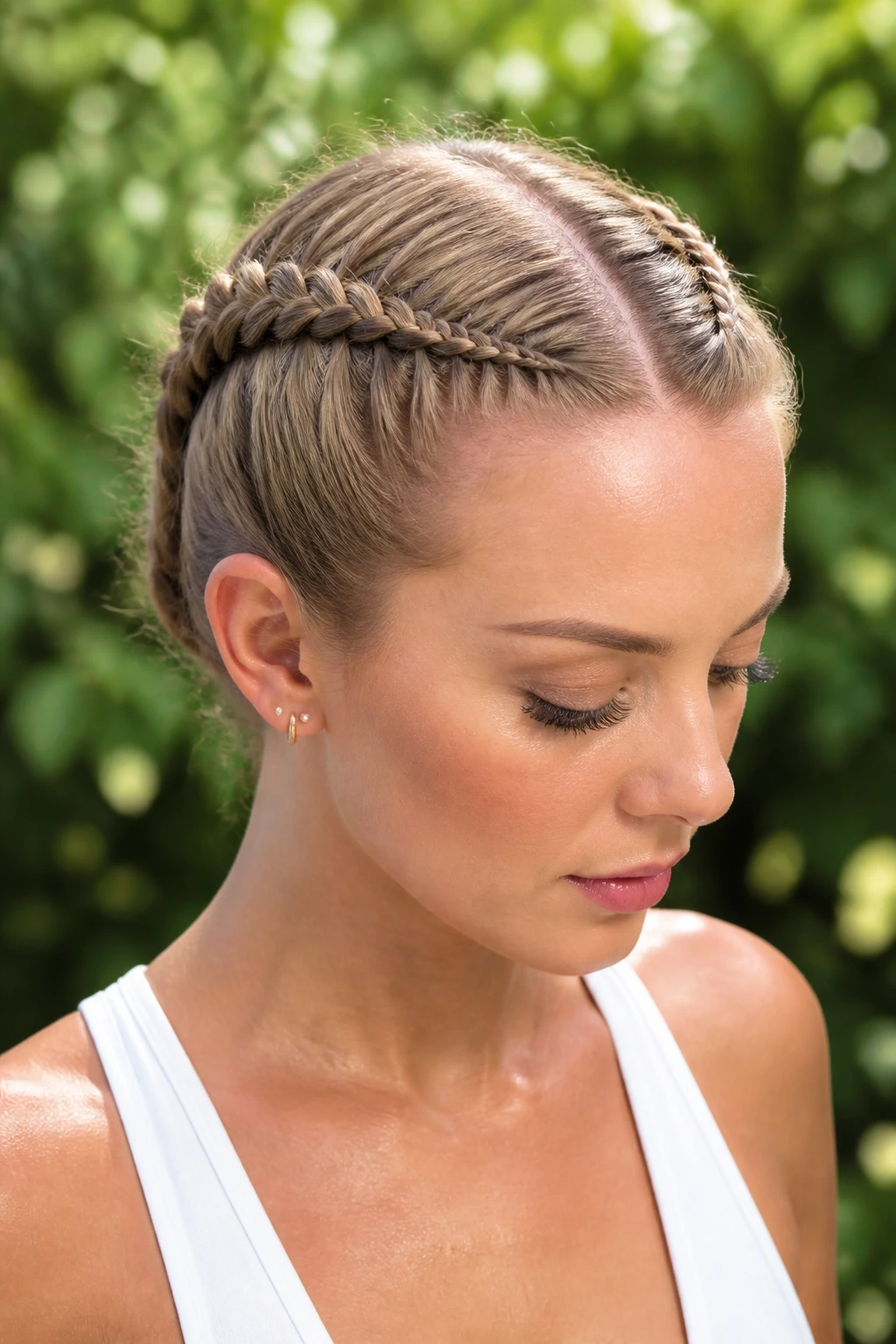 Close-up of a real person with two small boxer braids at the temples