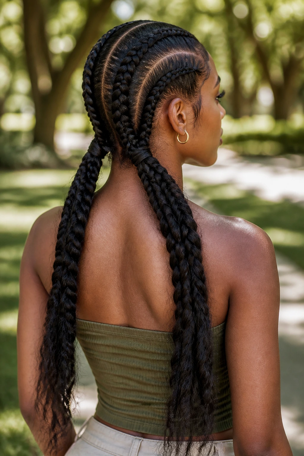 Back view of a woman with two braided cornrow pigtails