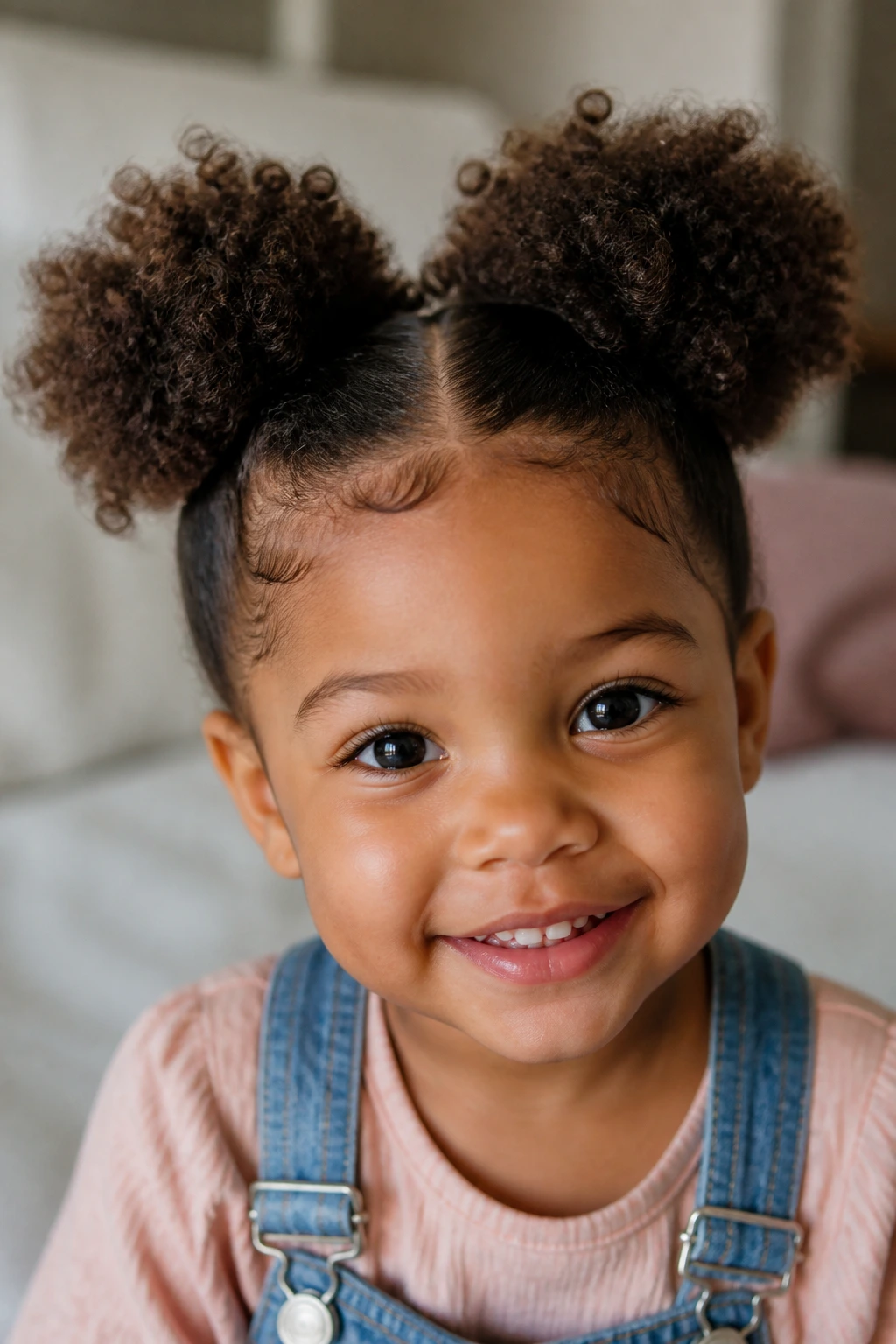 Toddler with two puff pigtails hairstyle close-up