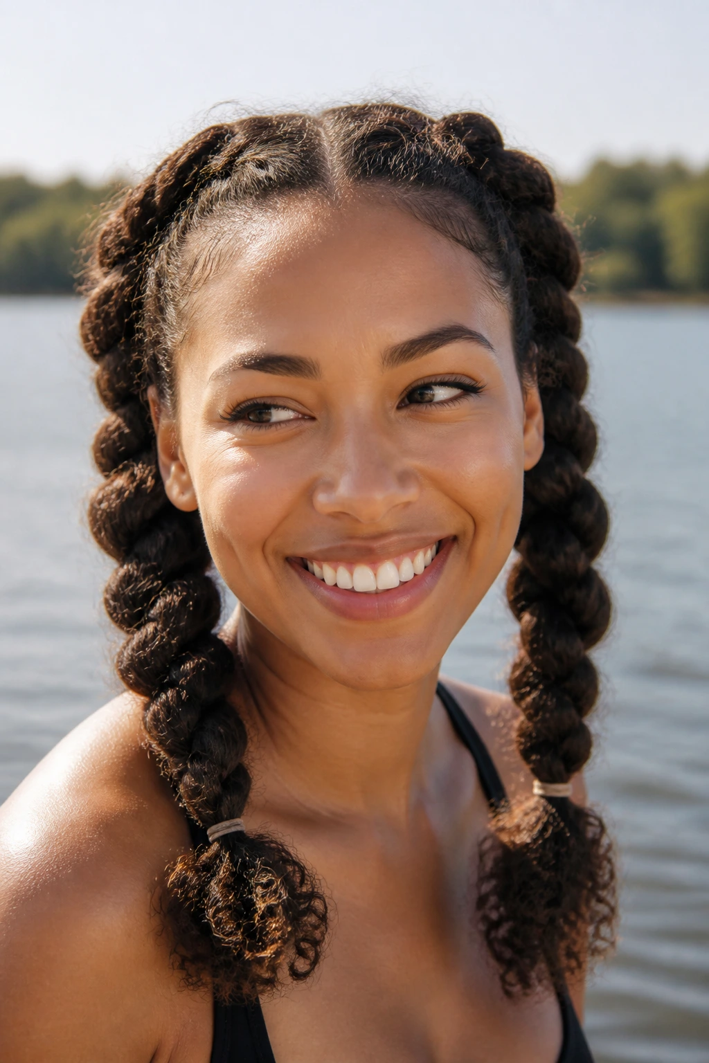 Close-up of two-strand twist pigtails on a real person by the lake