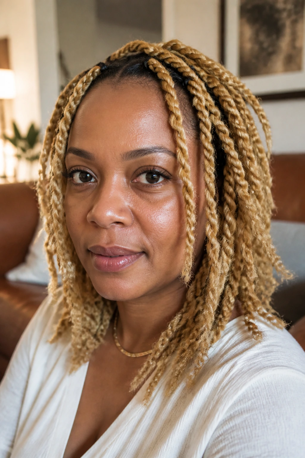 Real Black woman with blonde two-strand twists, close-up portrait
