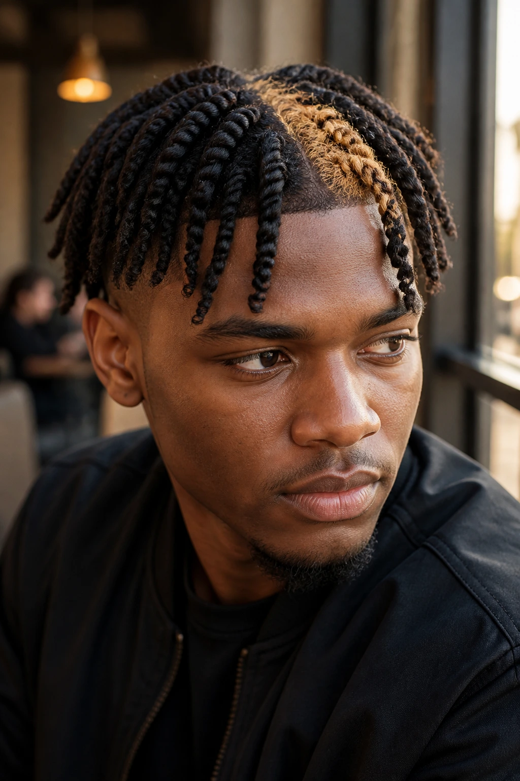 Man with two-strand twists and a bright front part.