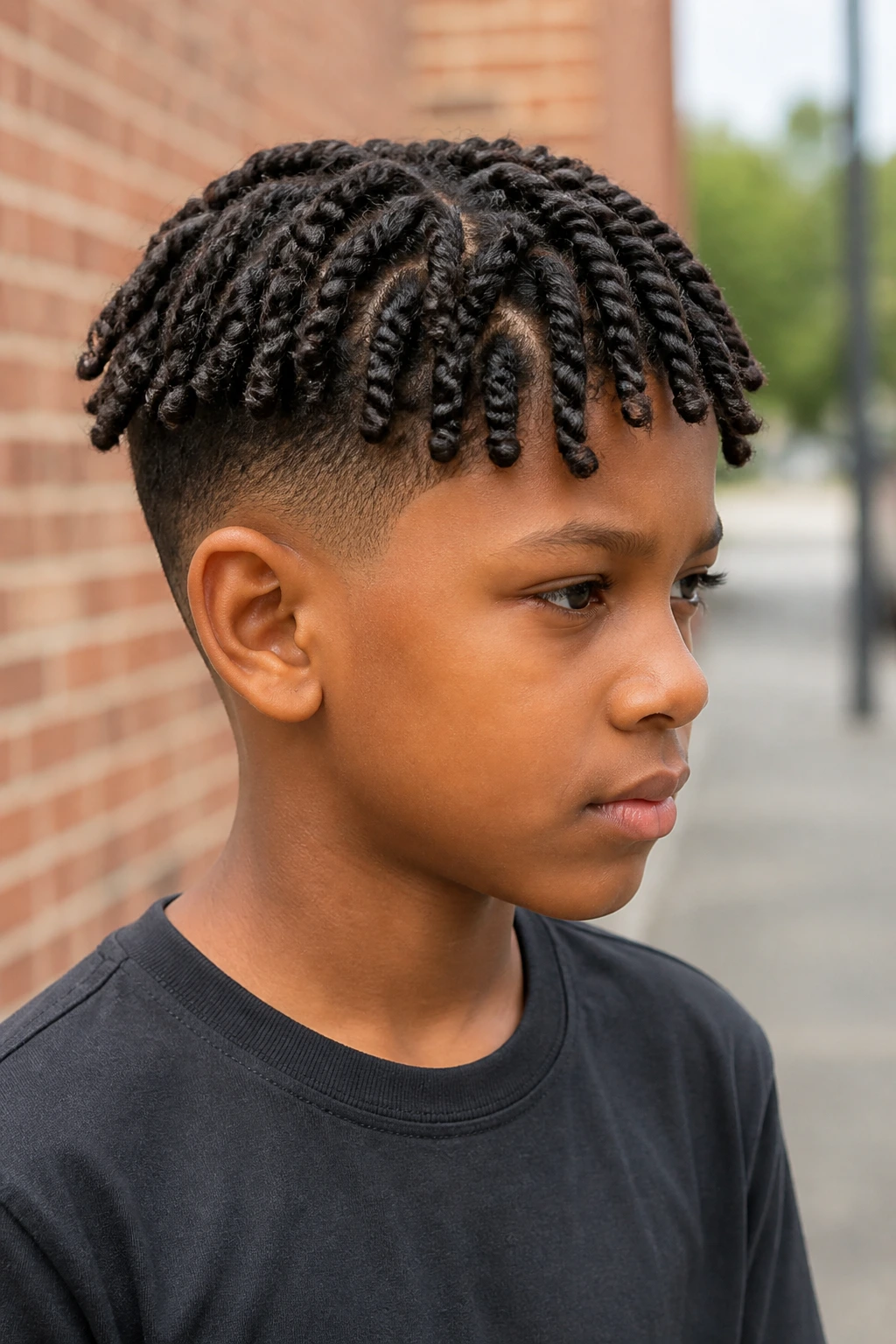Close-up of a real child with two-strand twists and low taper fade