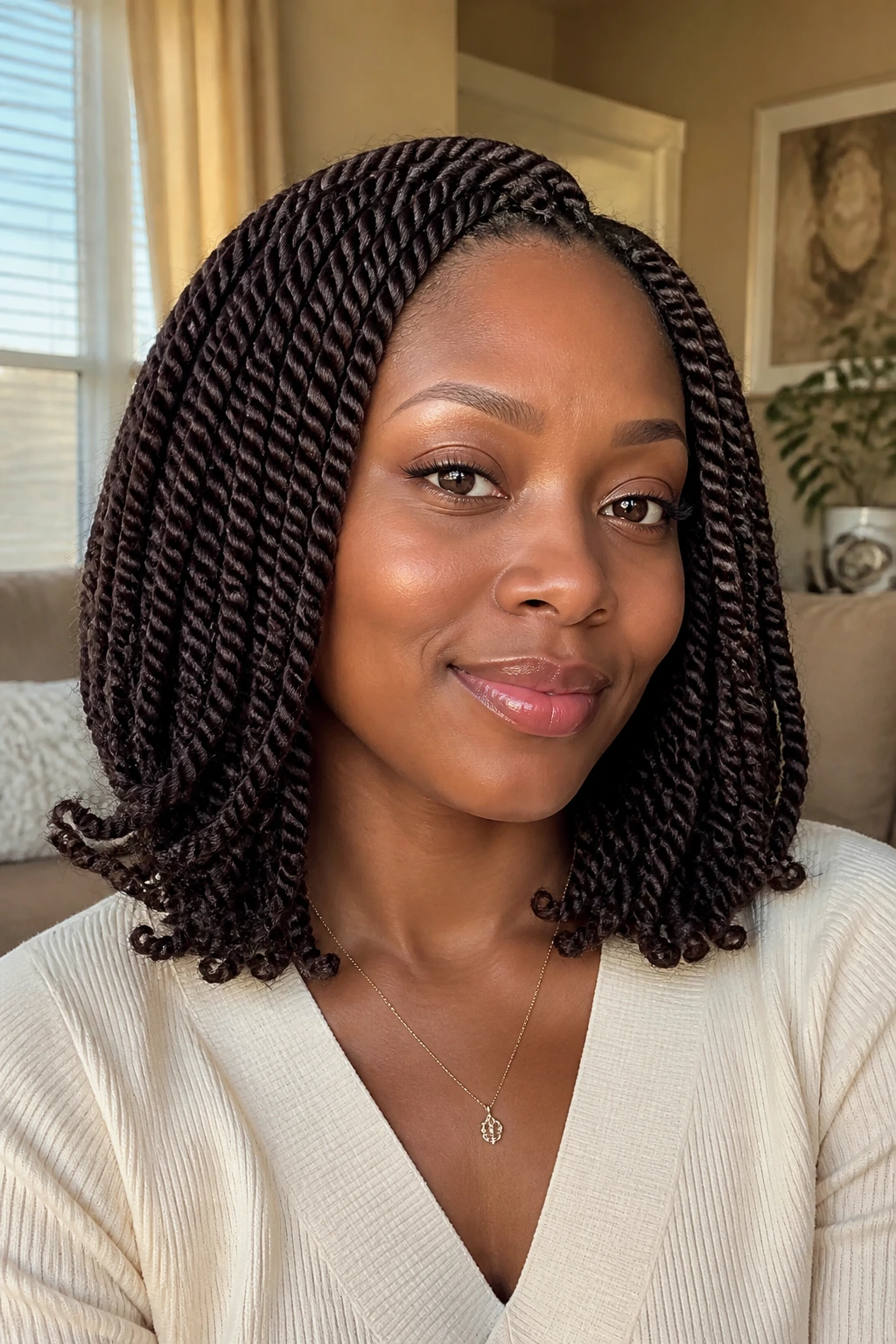 Real woman with Two-Strand Twist Set and flipped ends under warm light