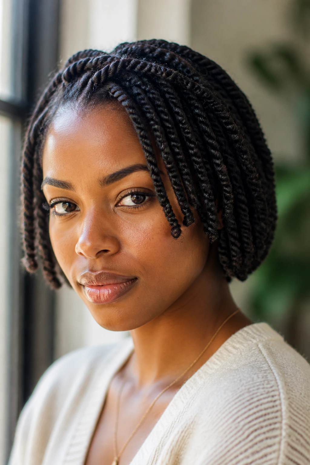 Close-up of a real woman with a short two-strand twist bob
