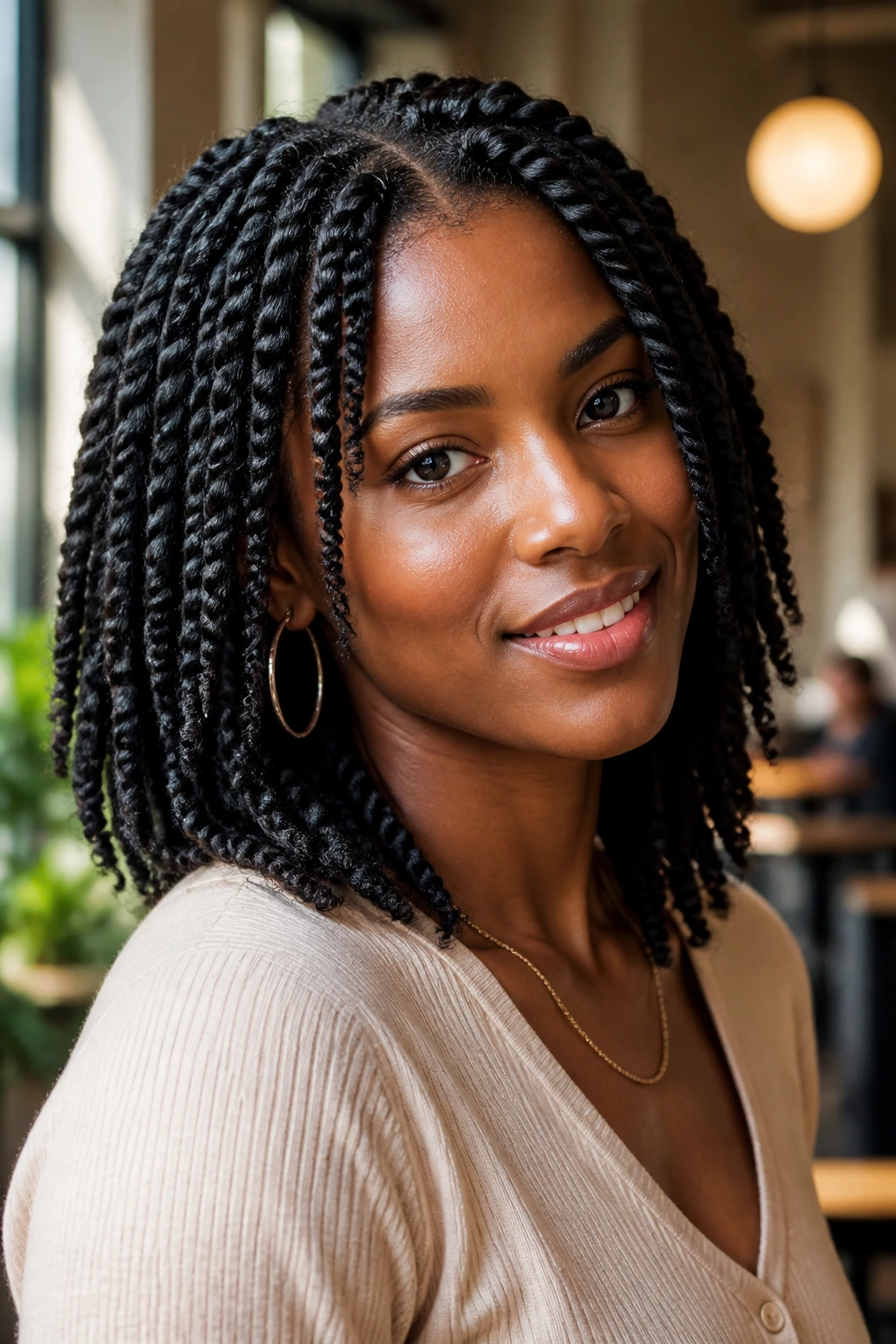 Shoulder-length two-strand twists with face-framing layers on a Black woman.